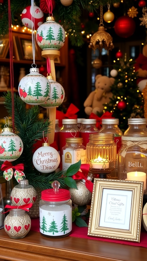 A collection of creative Christmas gifts including ornaments, candles, and photo frames on a holiday-themed background.